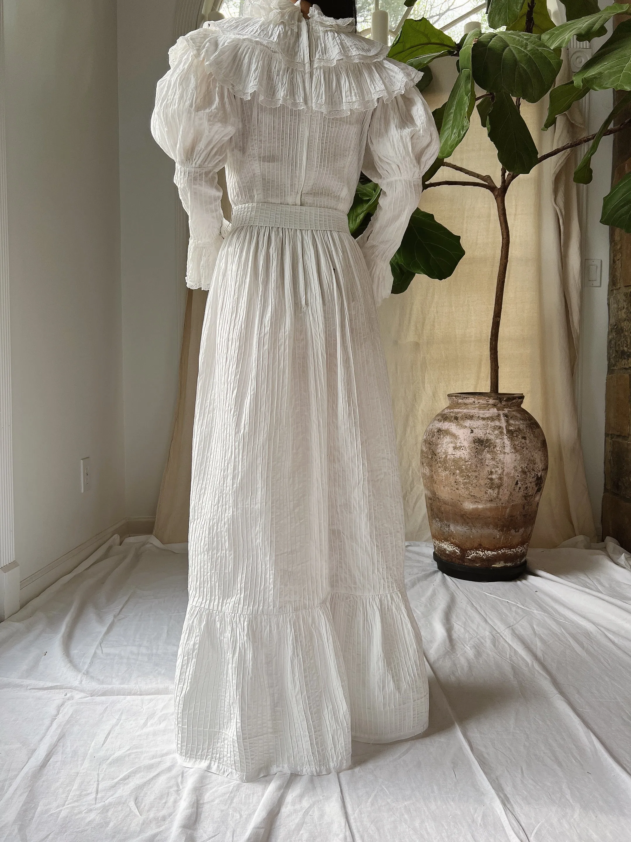 Vintage Pintucked Puff Sleeve Dress - S