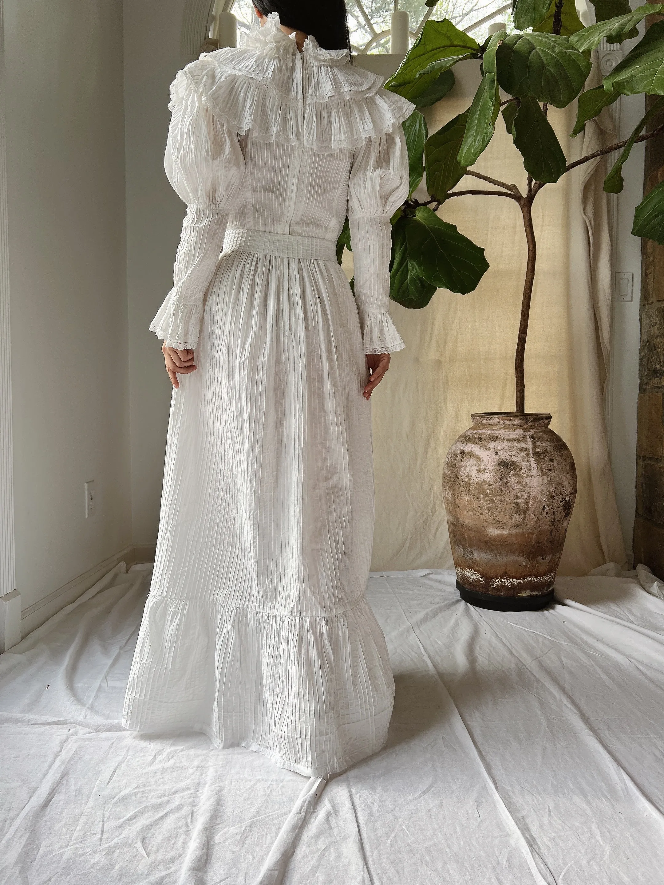 Vintage Pintucked Puff Sleeve Dress - S