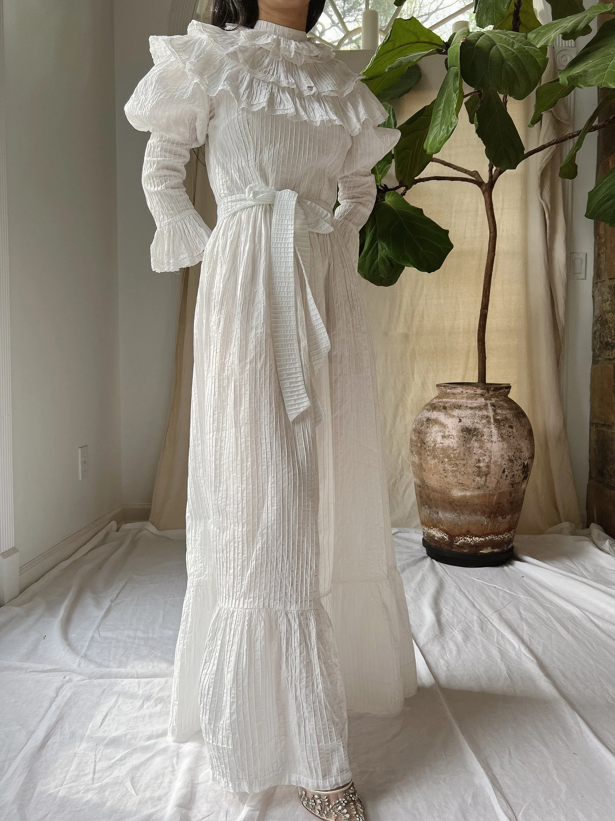 Vintage Pintucked Puff Sleeve Dress - S