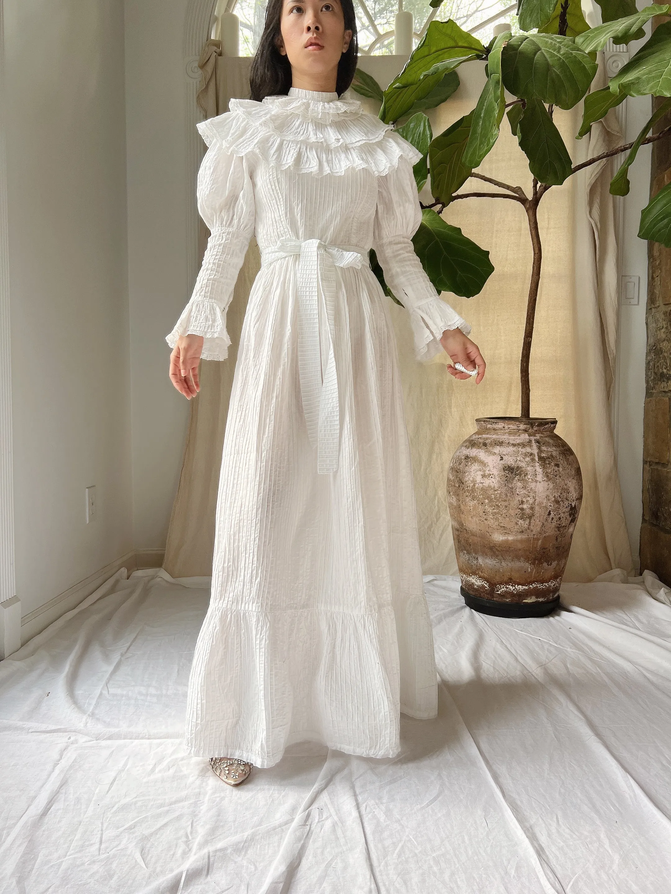 Vintage Pintucked Puff Sleeve Dress - S