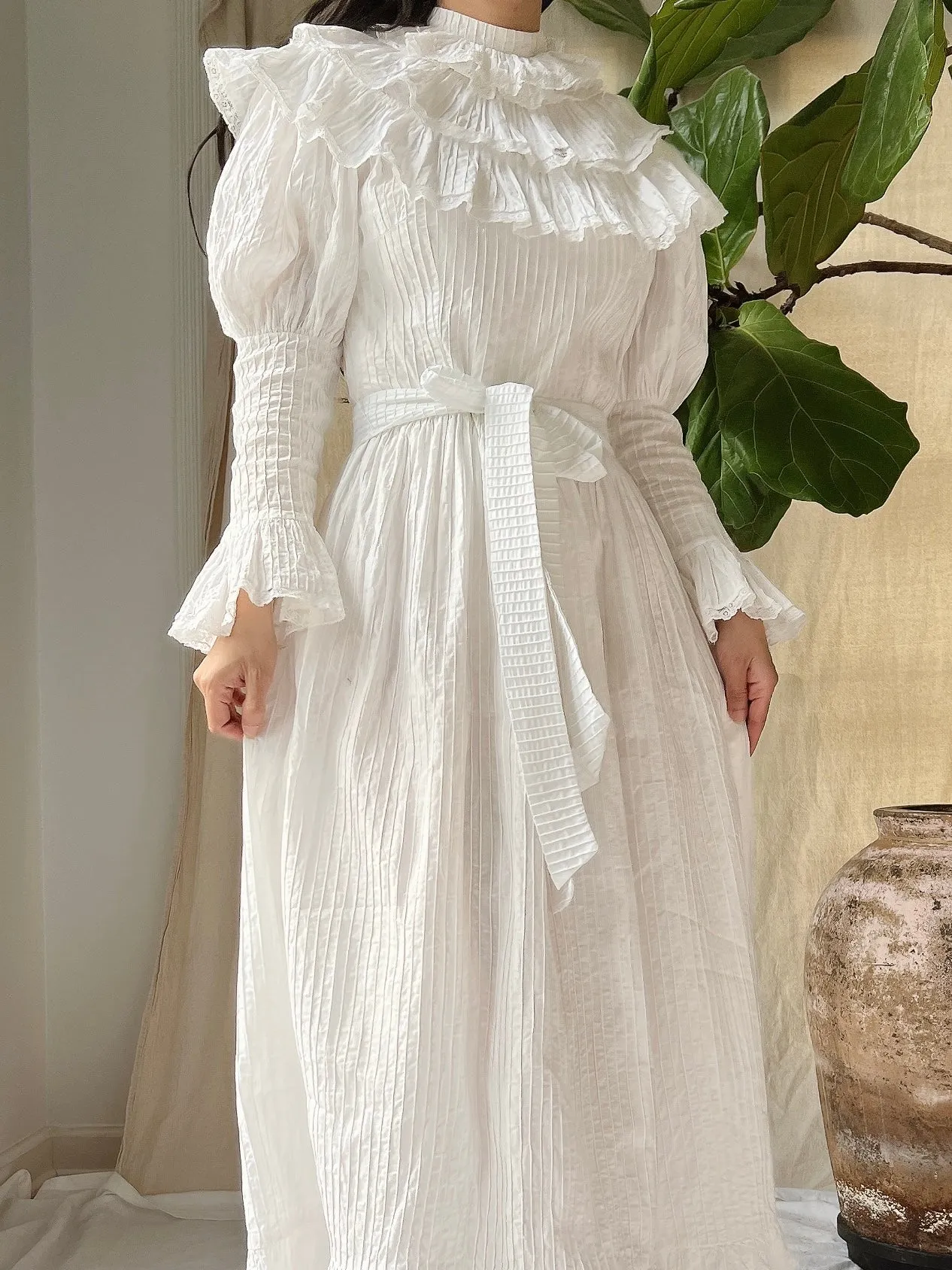 Vintage Pintucked Puff Sleeve Dress - S
