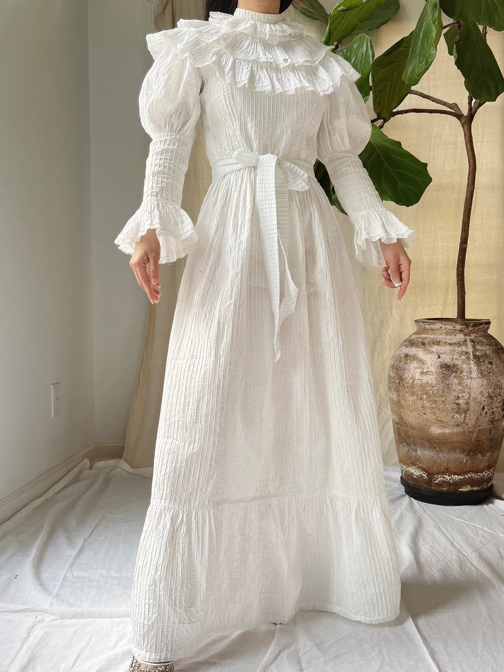 Vintage Pintucked Puff Sleeve Dress - S