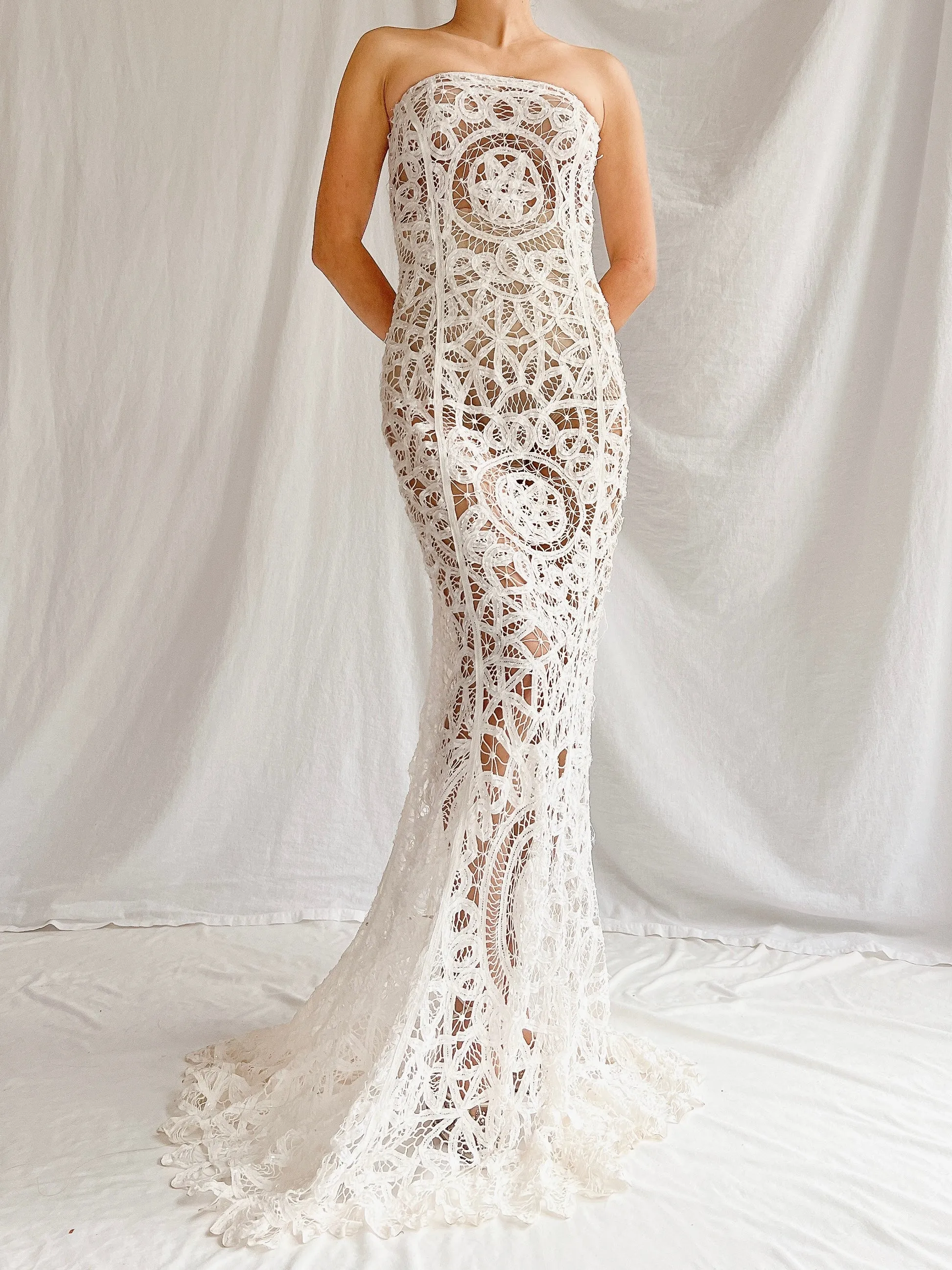 Vintage Sheer Tape Lace Strapless Gown - S