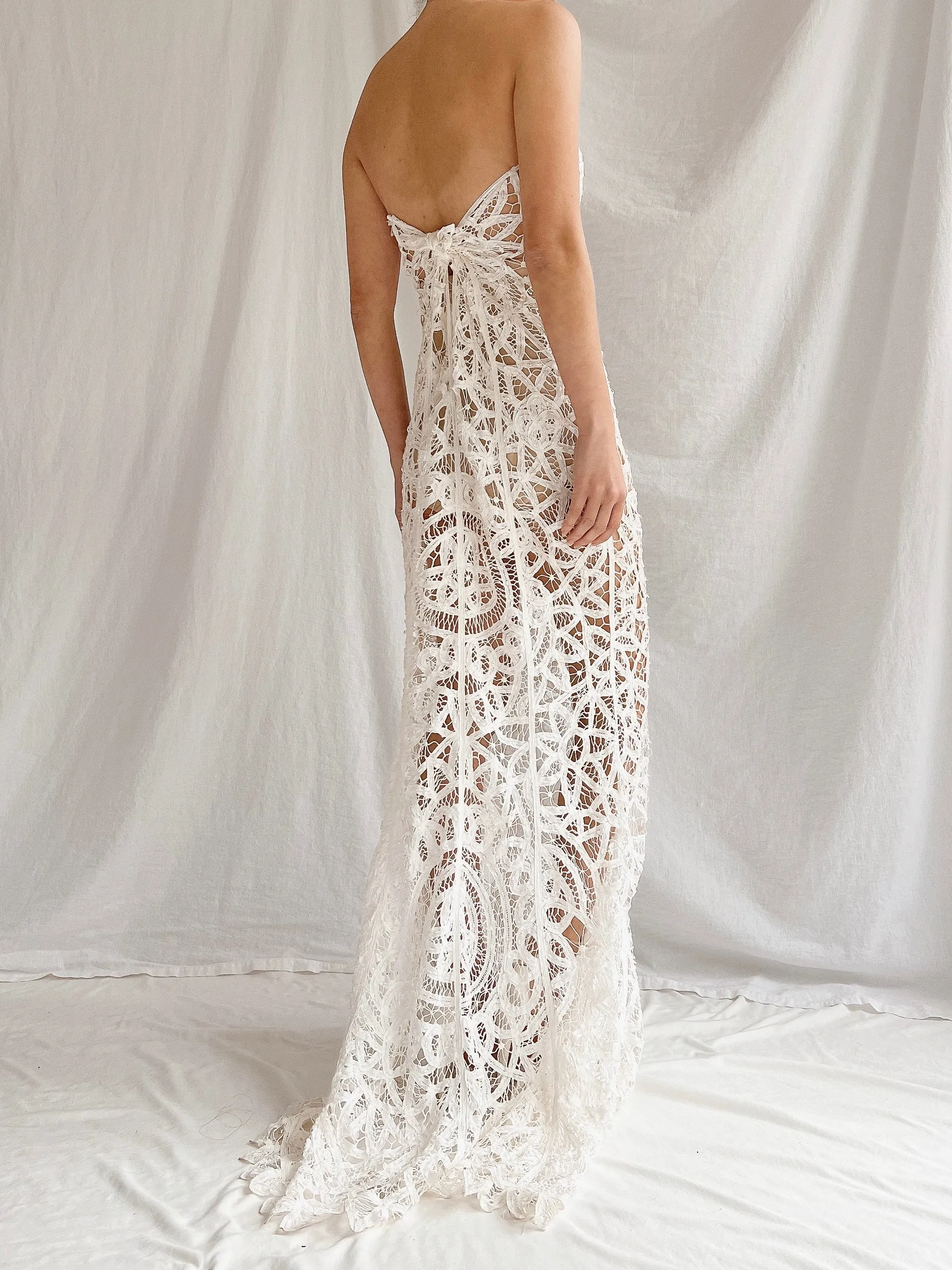 Vintage Sheer Tape Lace Strapless Gown - S