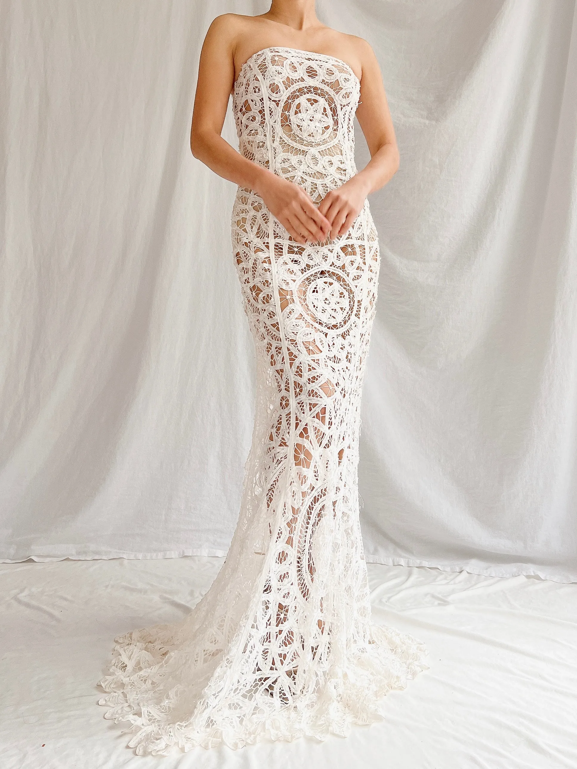 Vintage Sheer Tape Lace Strapless Gown - S