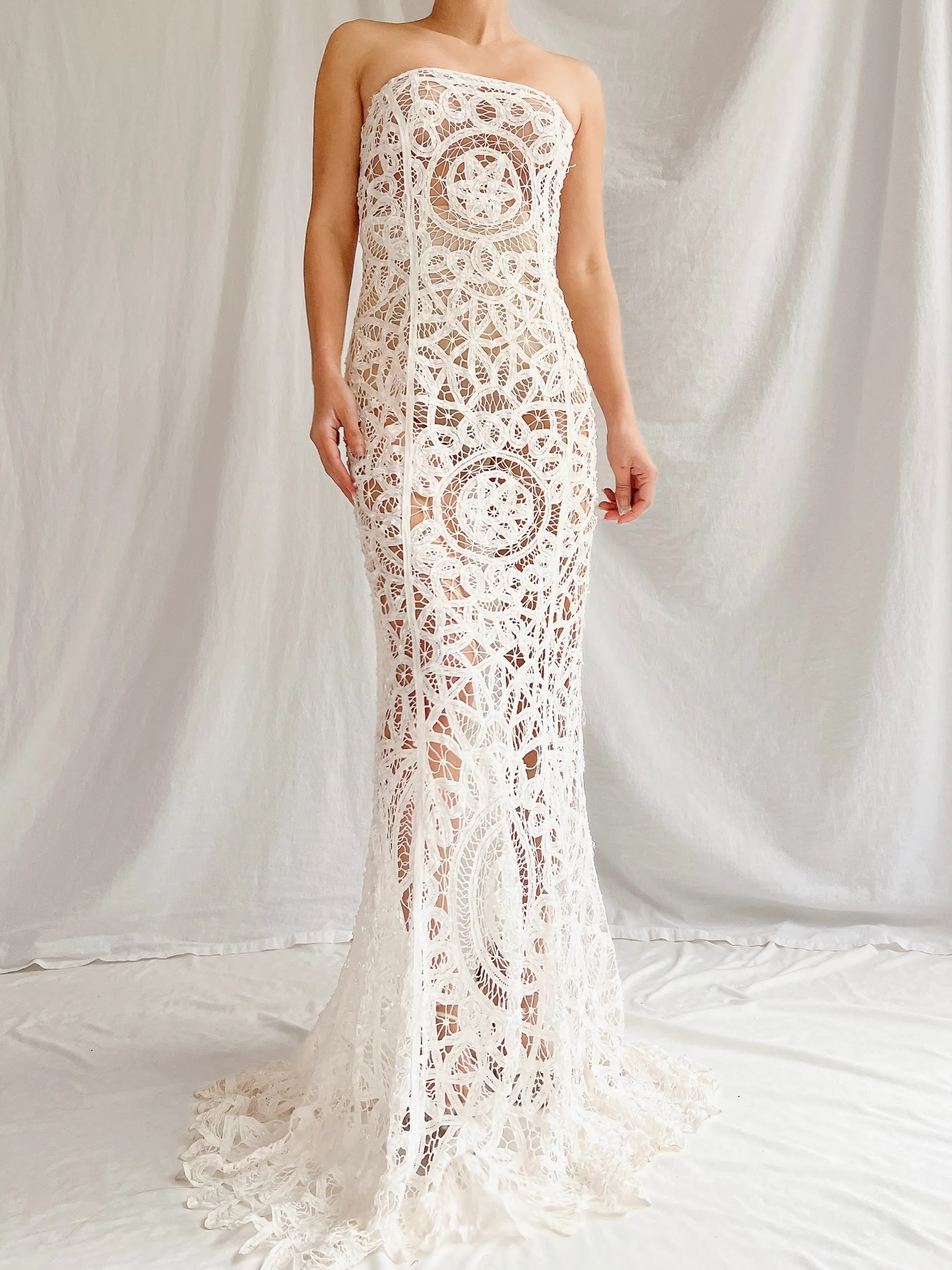 Vintage Sheer Tape Lace Strapless Gown - S