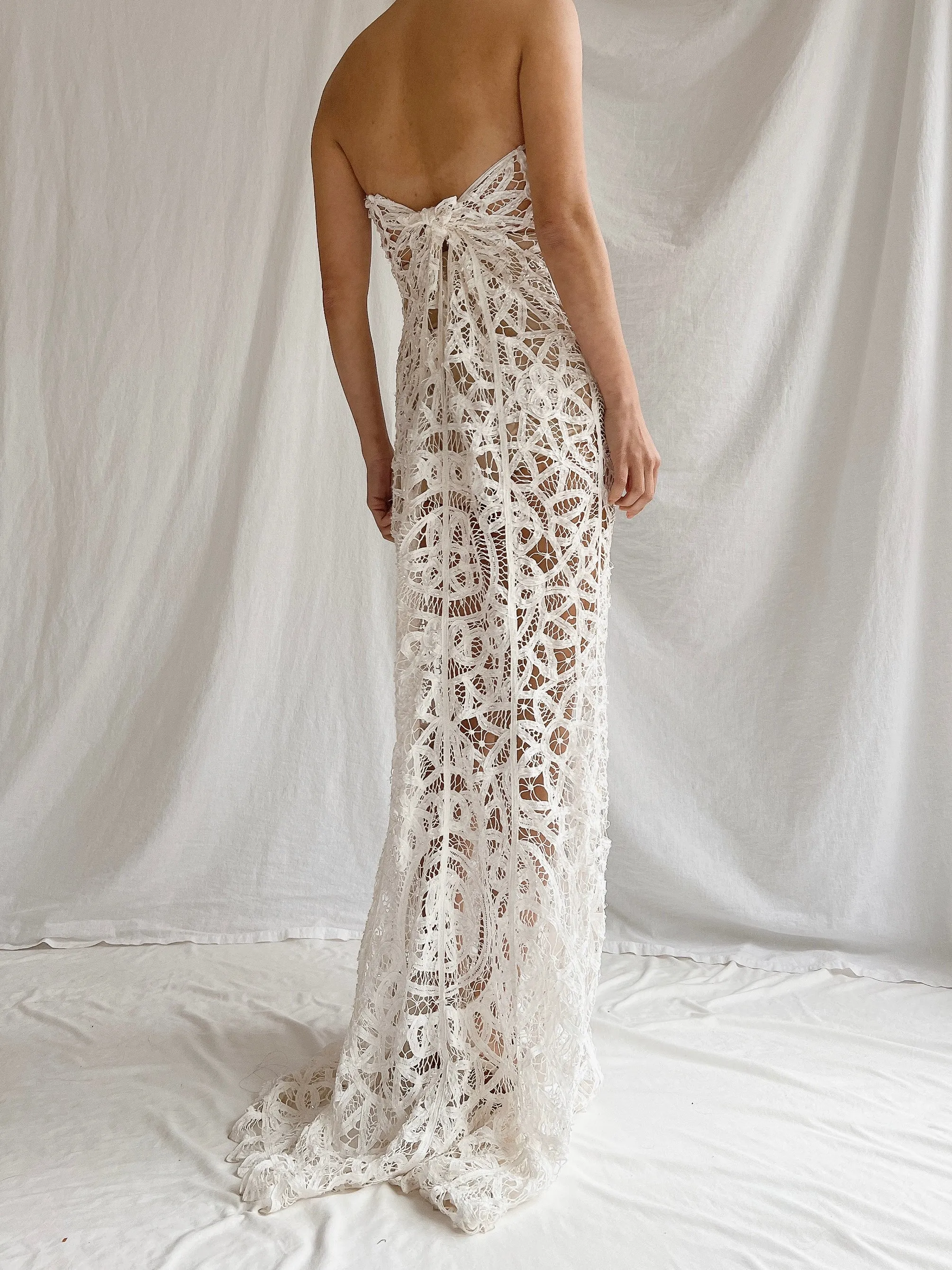 Vintage Sheer Tape Lace Strapless Gown - S