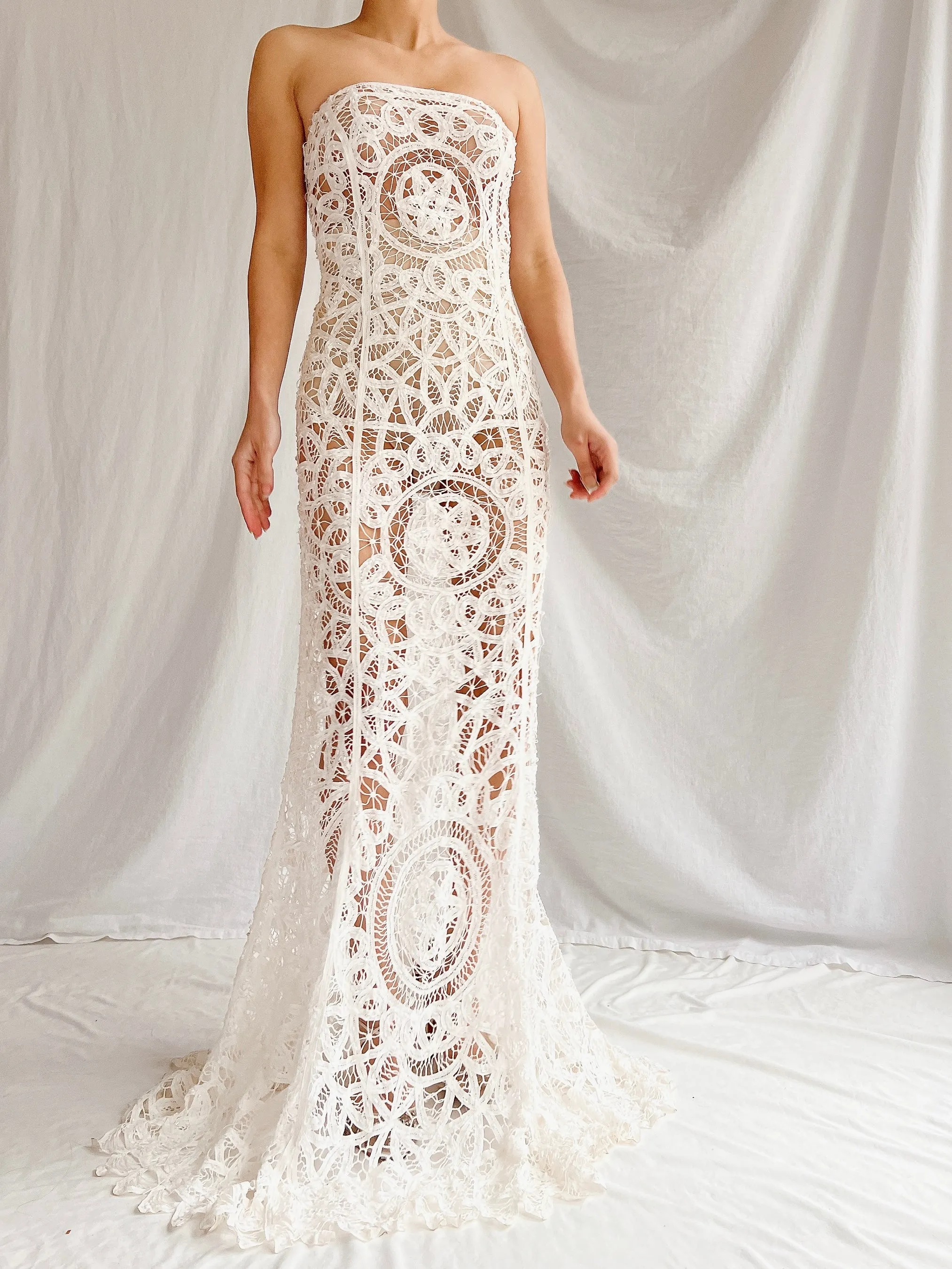 Vintage Sheer Tape Lace Strapless Gown - S