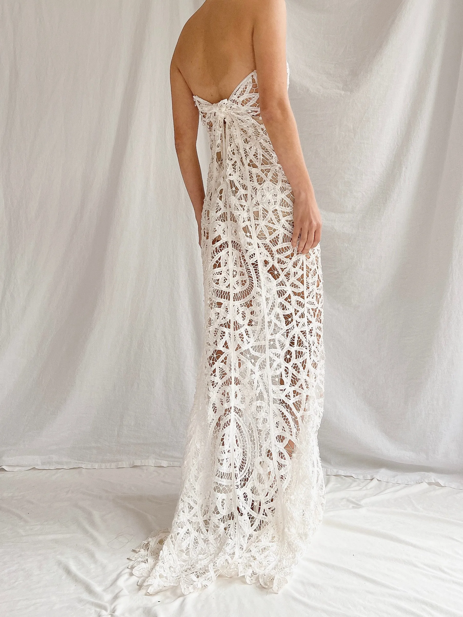 Vintage Sheer Tape Lace Strapless Gown - S