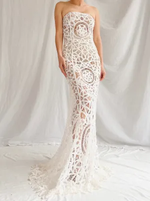 Vintage Sheer Tape Lace Strapless Gown - S