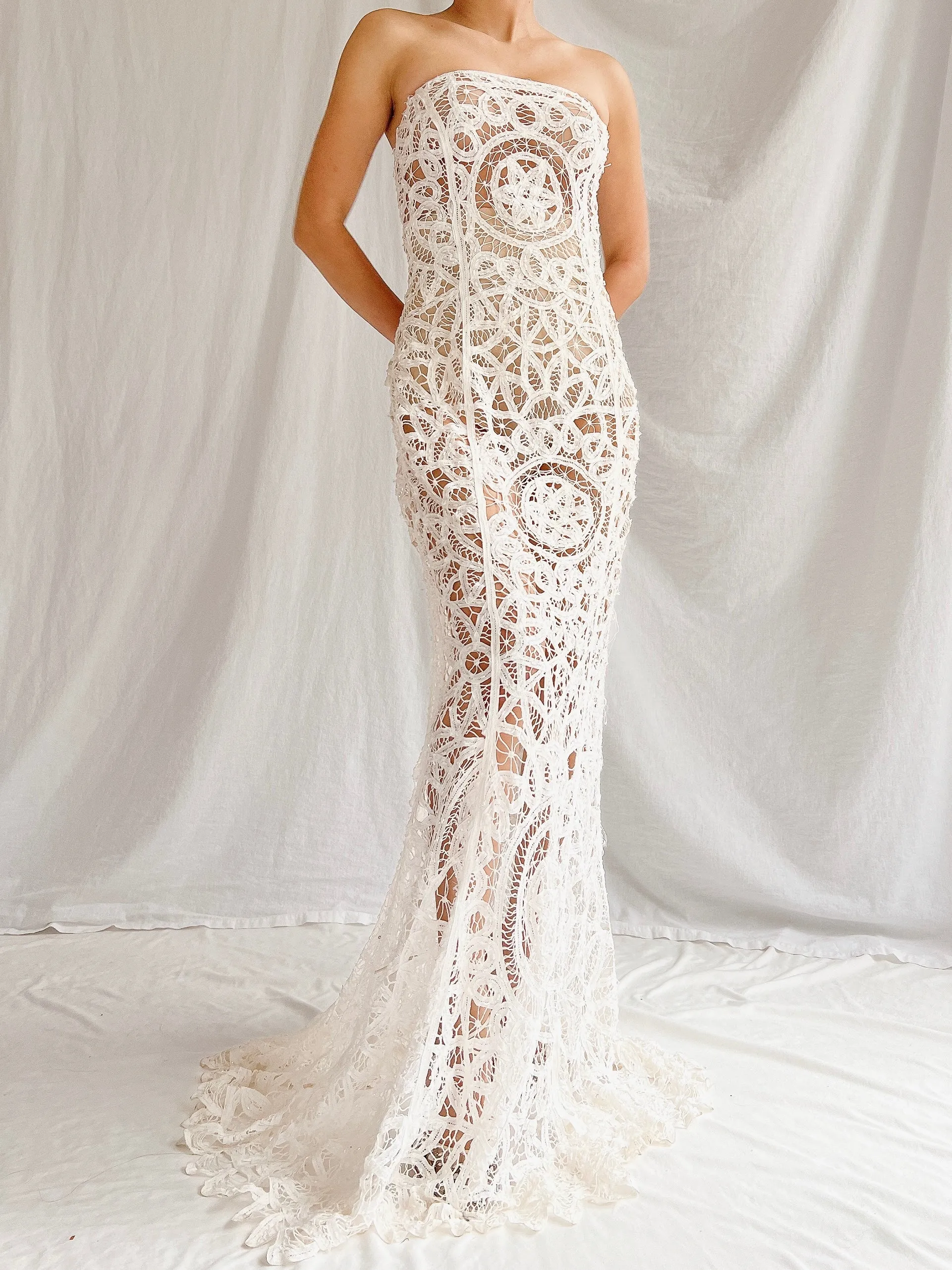 Vintage Sheer Tape Lace Strapless Gown - S
