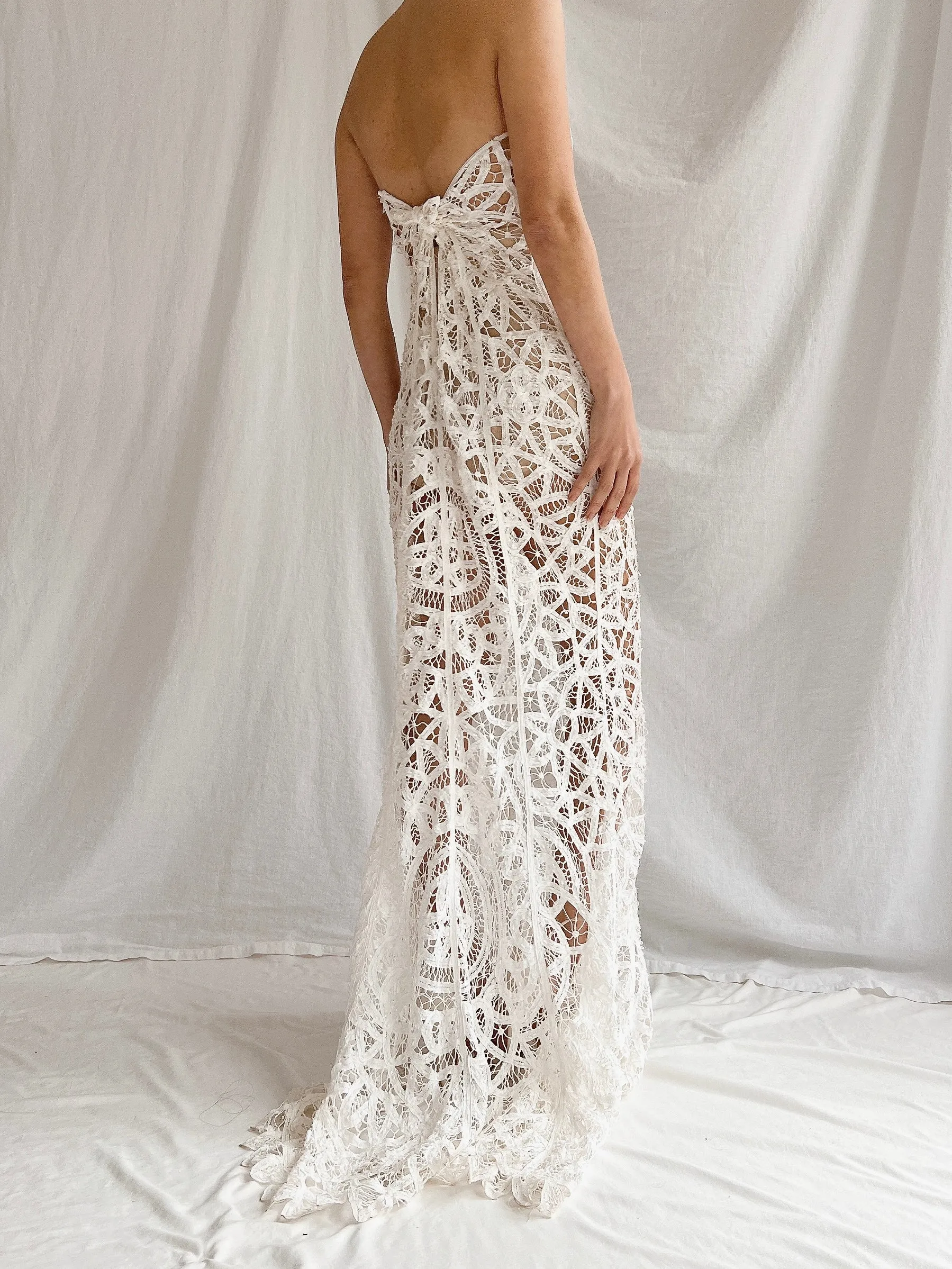 Vintage Sheer Tape Lace Strapless Gown - S