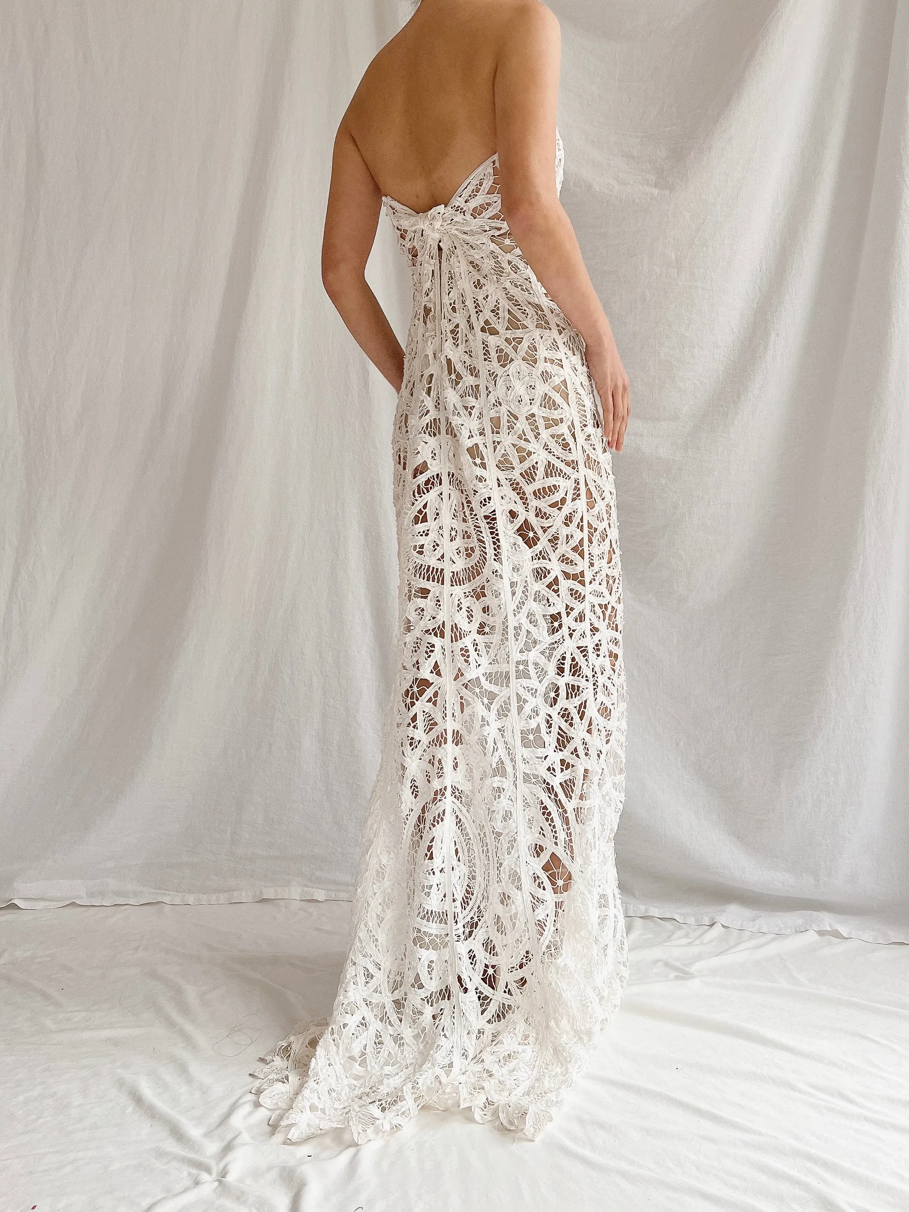 Vintage Sheer Tape Lace Strapless Gown - S