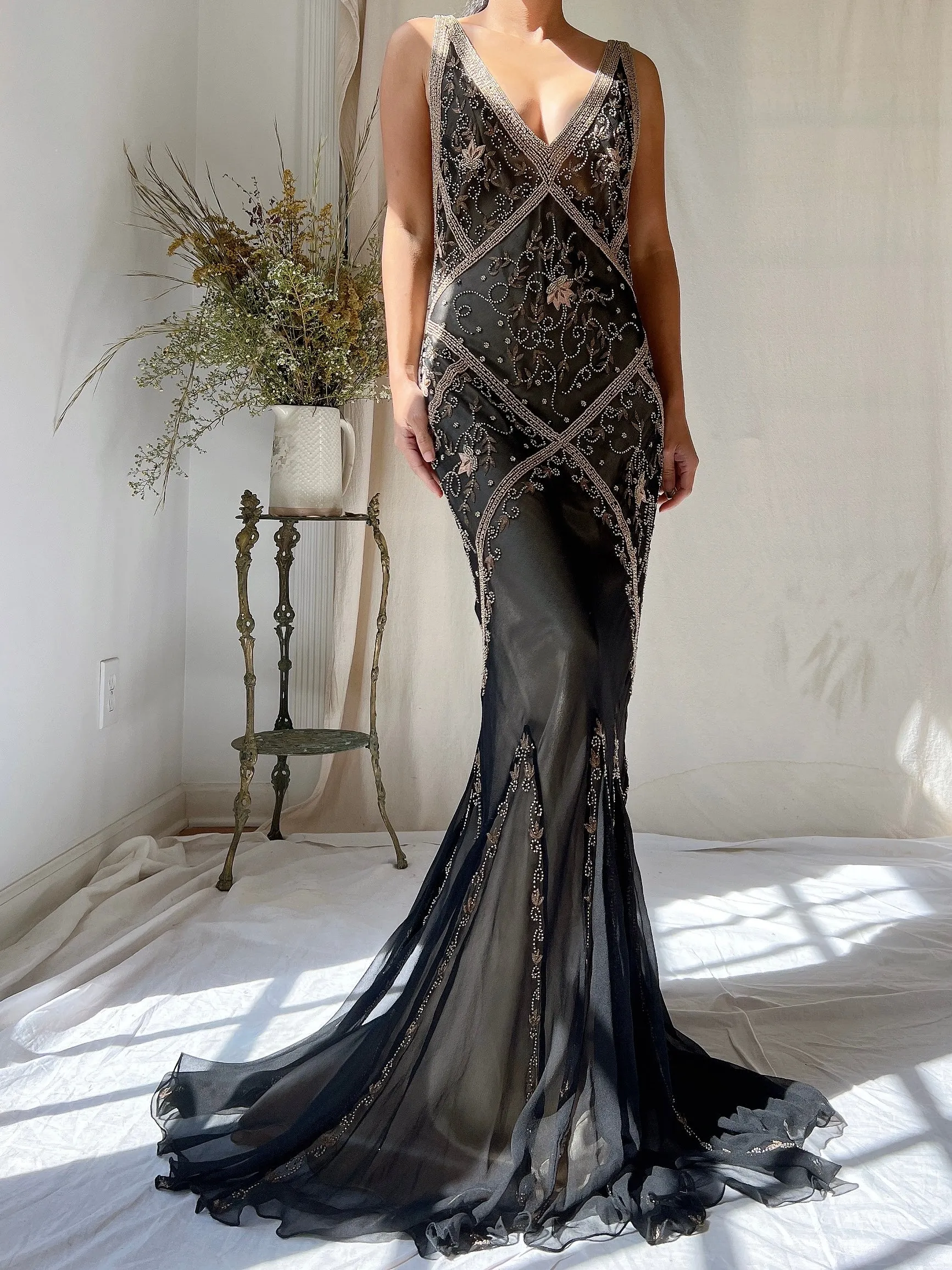 Vintage Silk Beaded Bias Cut Dress - S