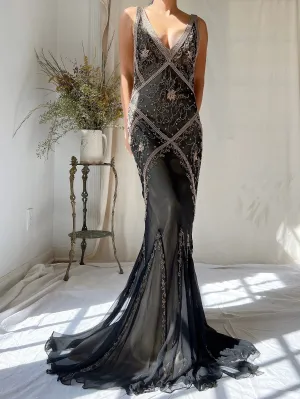 Vintage Silk Beaded Bias Cut Dress - S