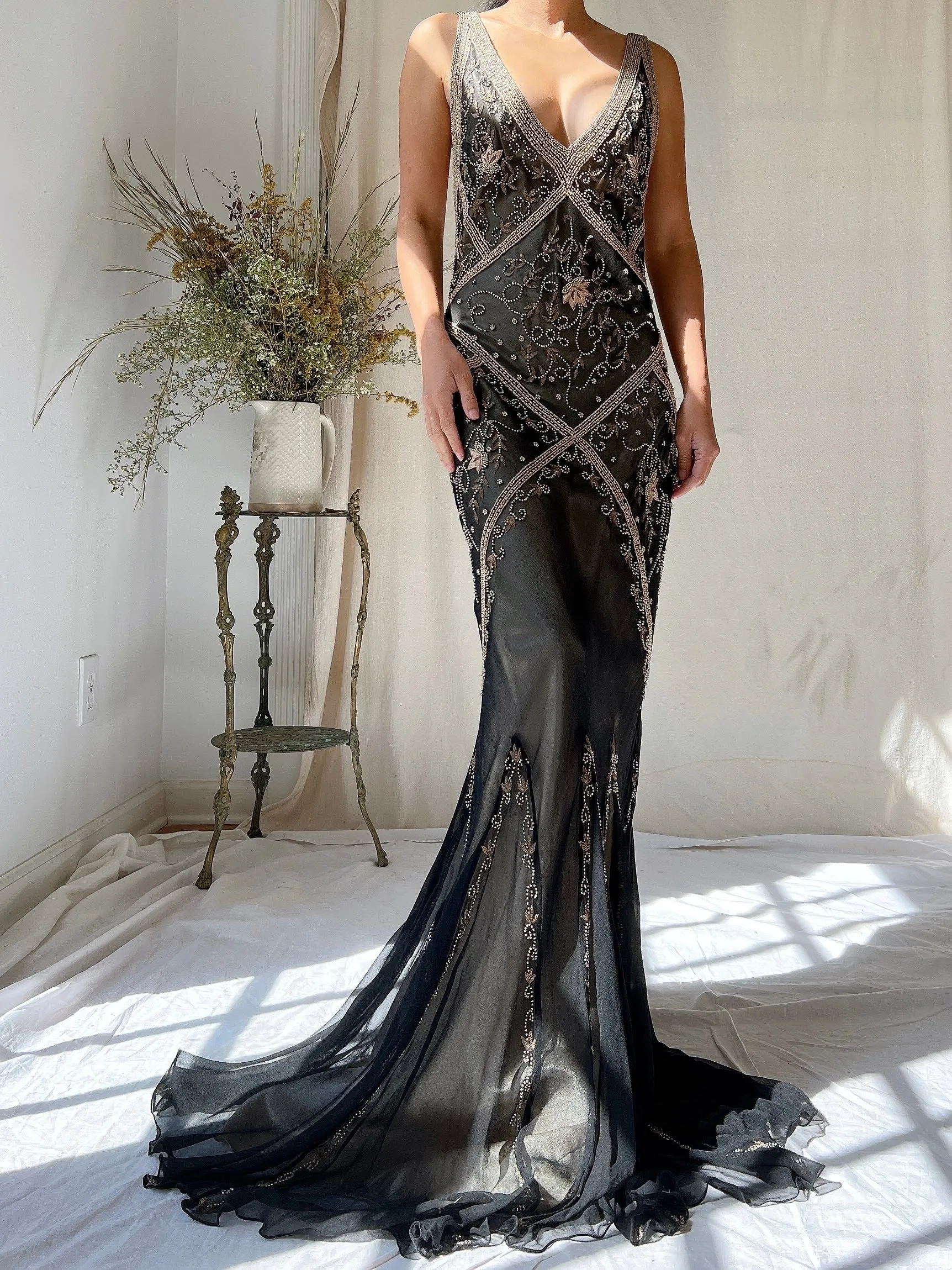 Vintage Silk Beaded Bias Cut Dress - S