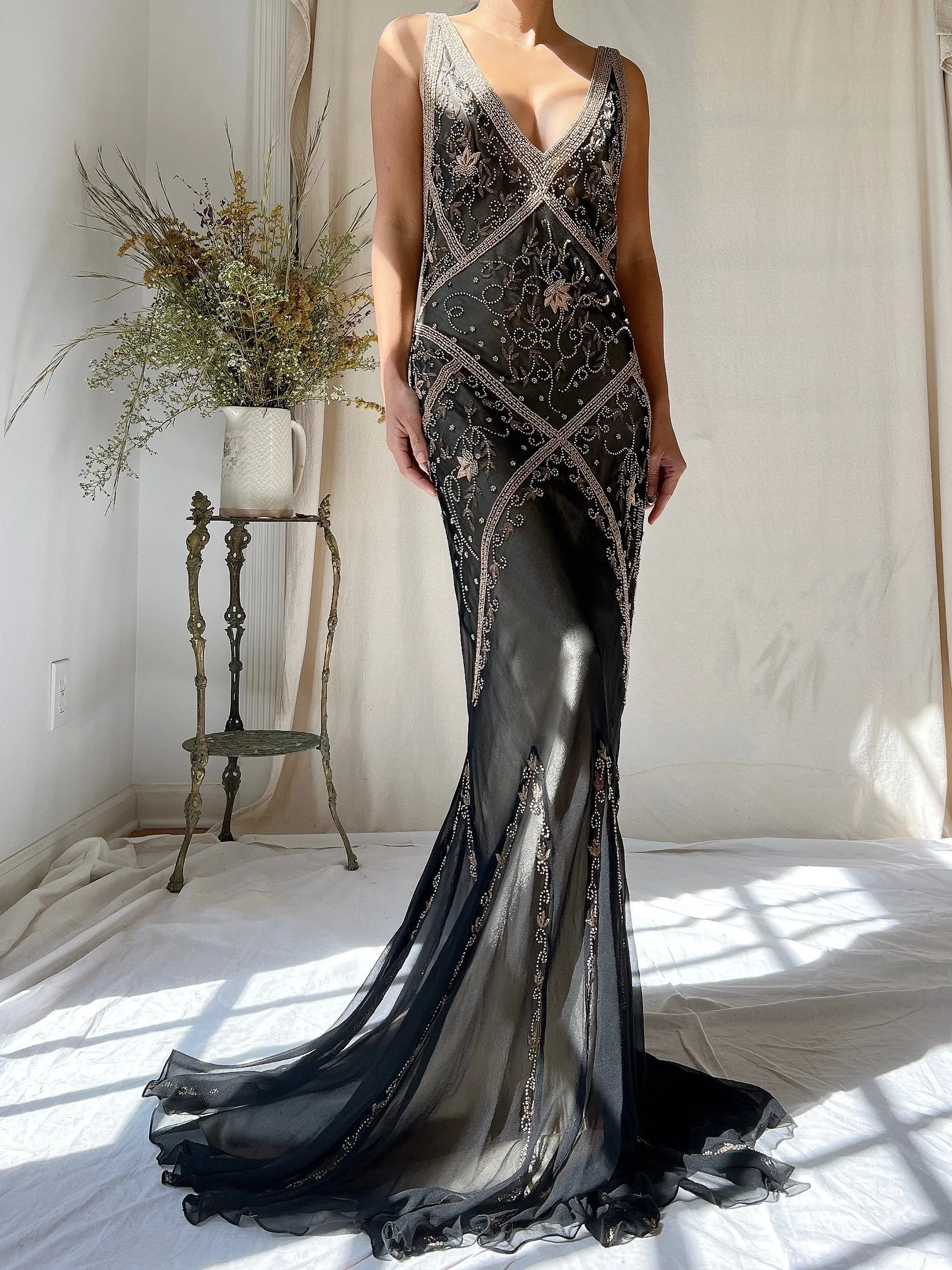 Vintage Silk Beaded Bias Cut Dress - S