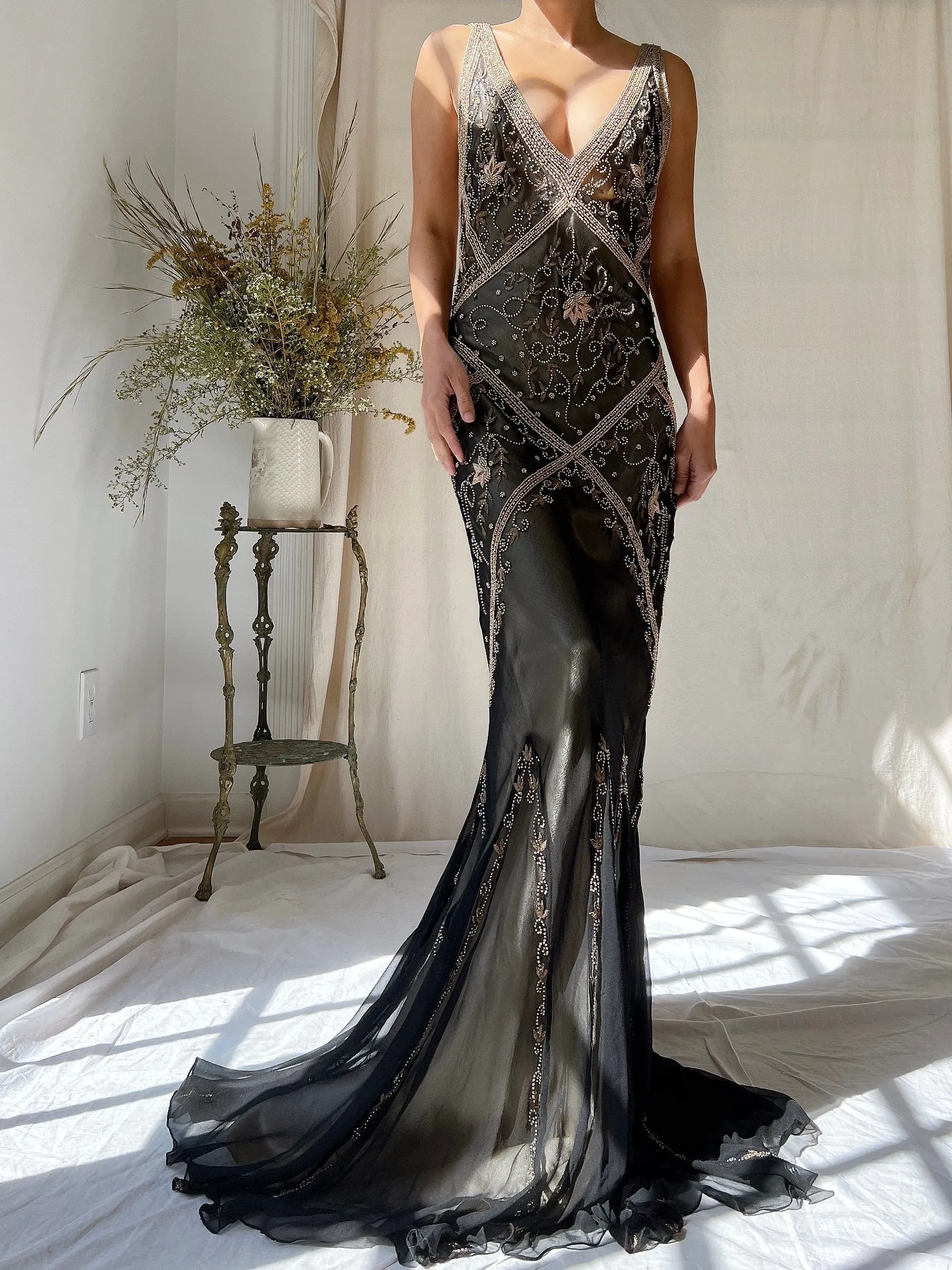 Vintage Silk Beaded Bias Cut Dress - S