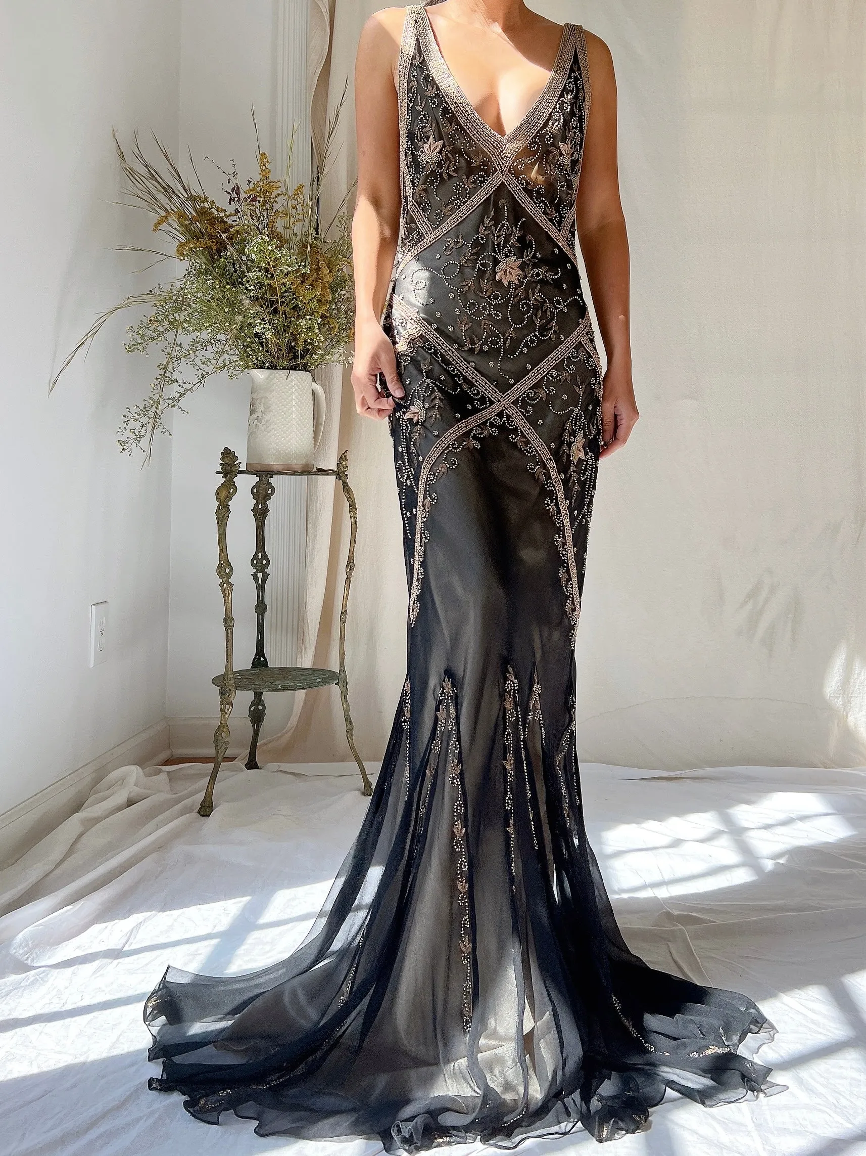 Vintage Silk Beaded Bias Cut Dress - S