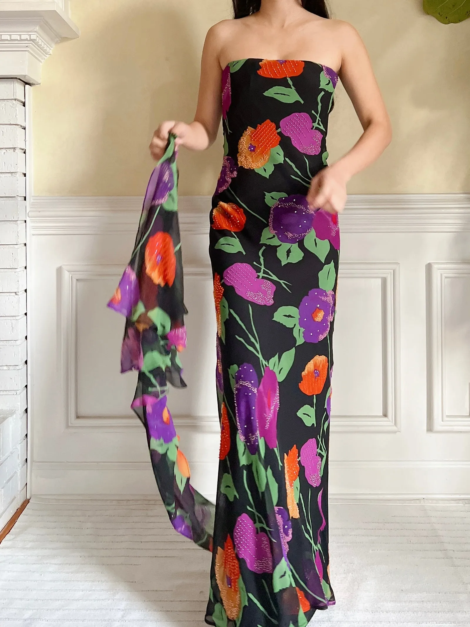 Vintage Silk Floral Cape and Dress - S/M