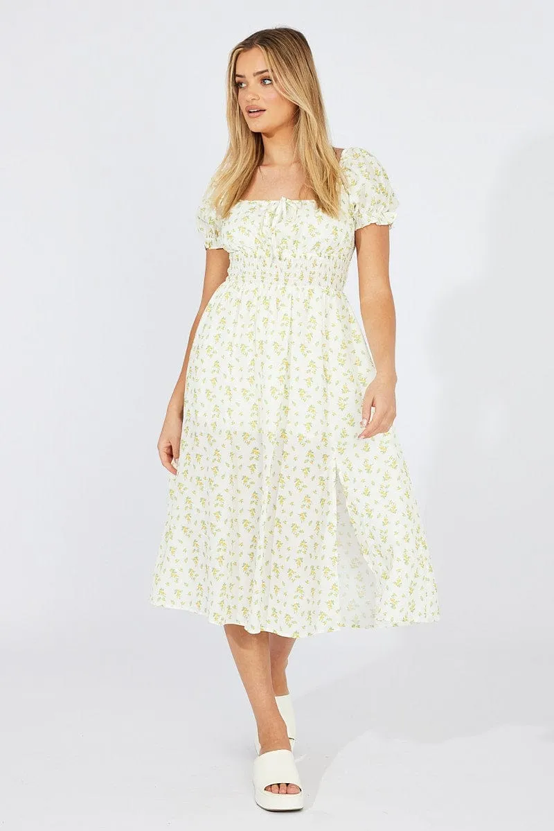 White Ditsy Midi Dress Short Sleeve Shirred Waist