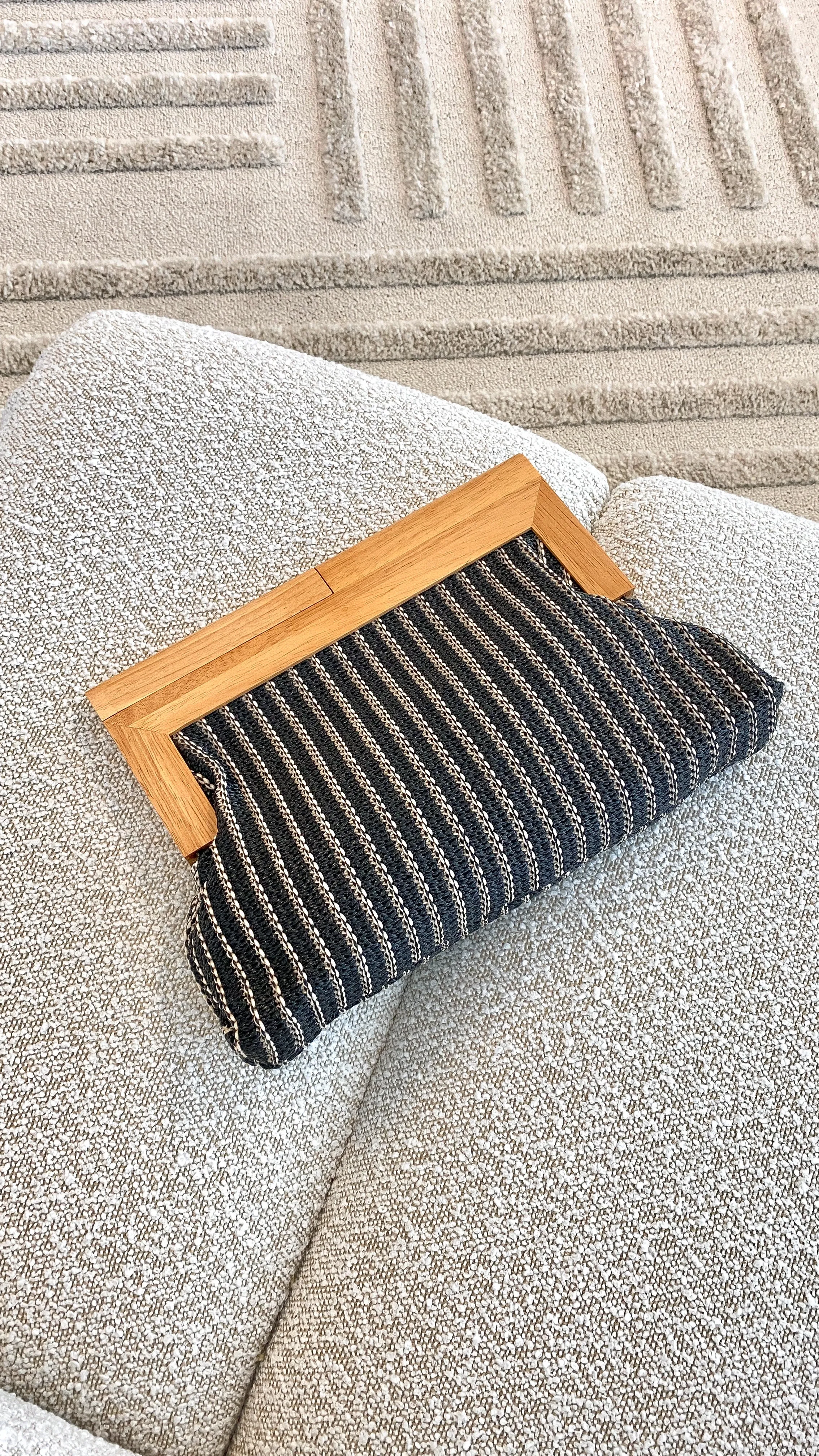 Zoey Thin Stripe Timber Frame Clutch - Black